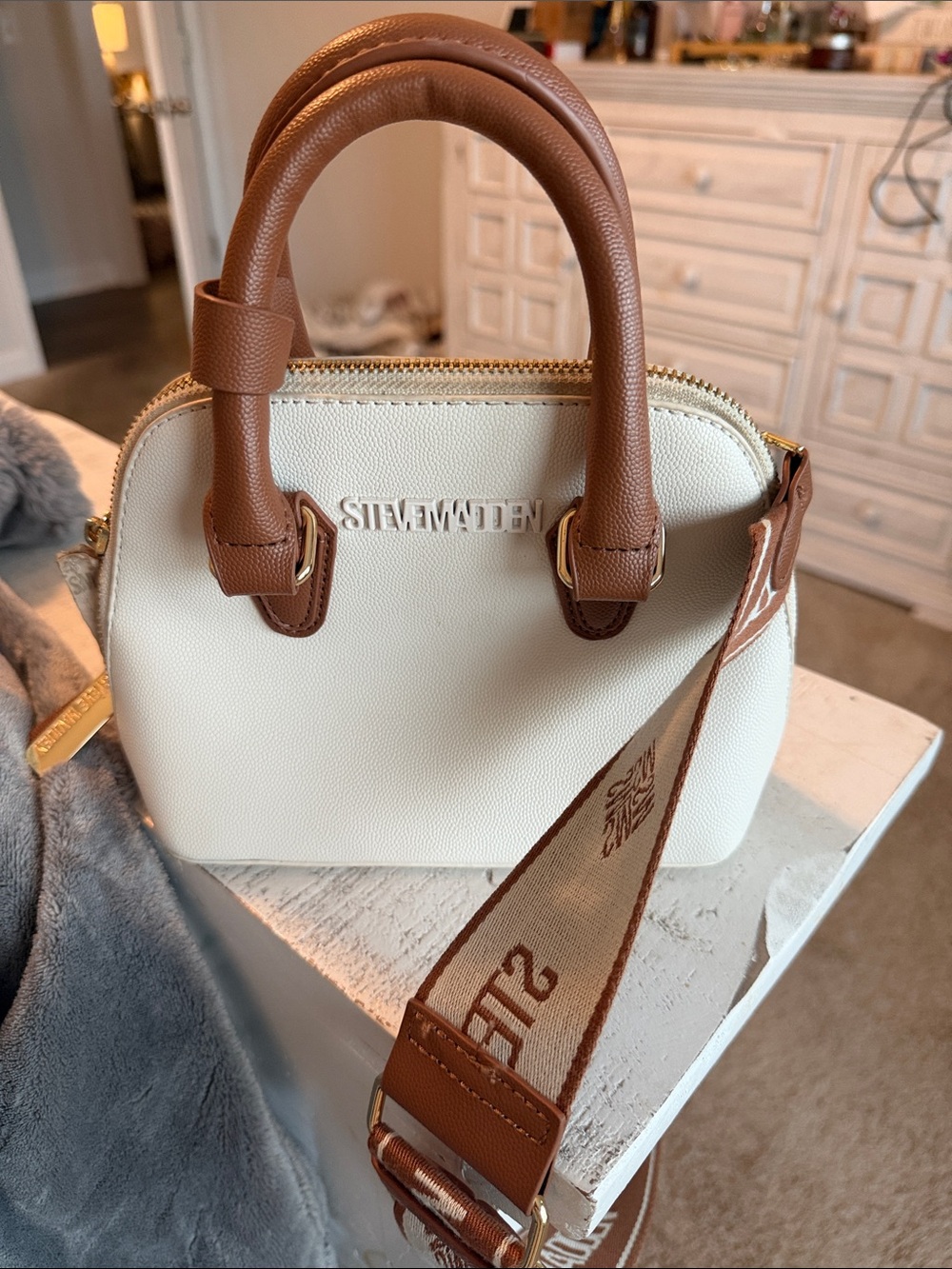 Steve Madden Cream and Brown Mini Dome Satchel with Logo Strap